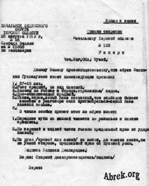 1910  г. Рапорт капитана Джапаридзе  о приметах Зелимхана